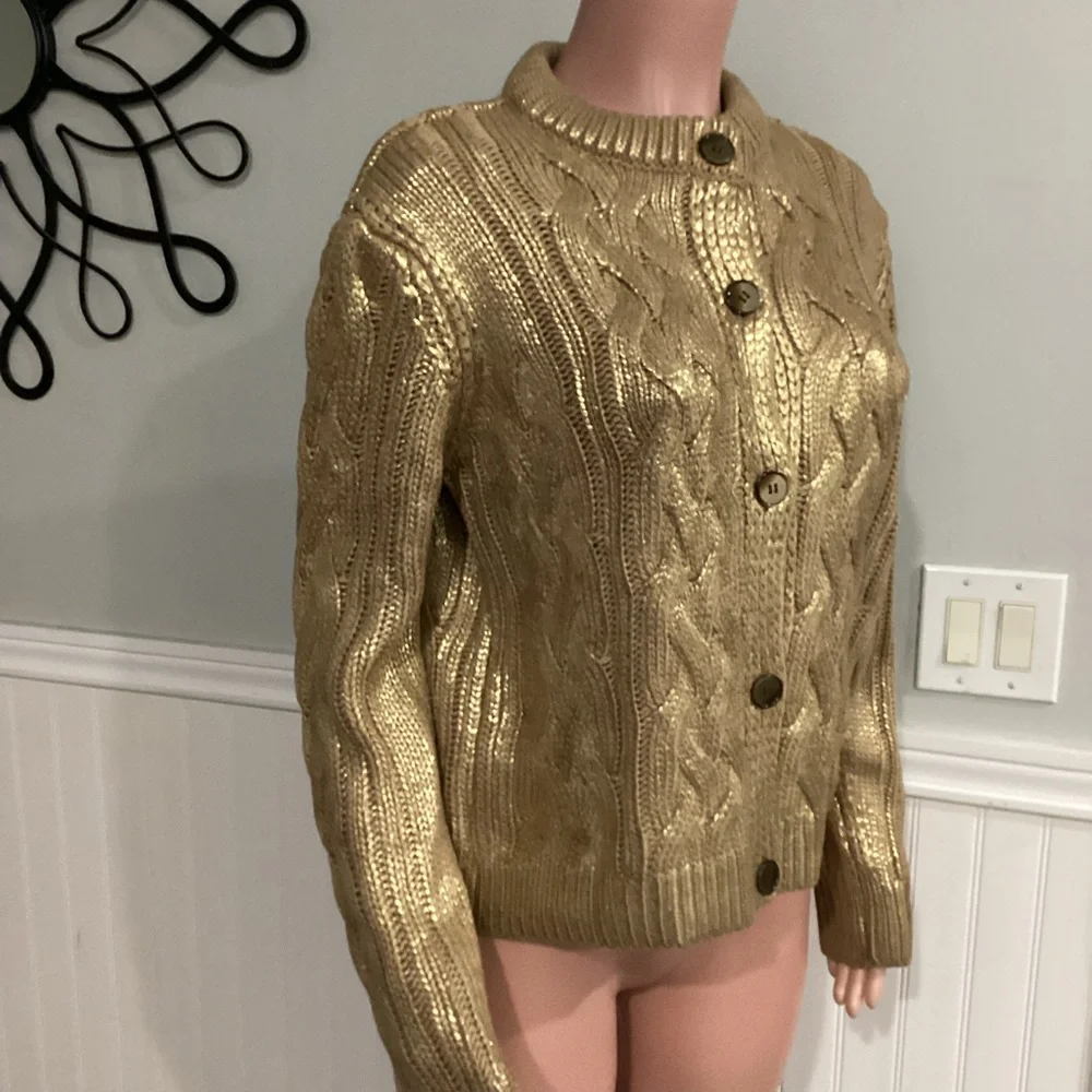 Zara NWOT Foil Cable Knit Sweater Cardigan Metallic Gold Button Up Size Large - Picture 4 of 10